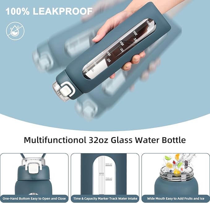 chunmo 32 oz Glass Water Bottle with 2 Lids-Handle Spout Lid & Straw Lid, 1 Liter Motivational Borosilicate Water Bottle with Time Marker and Silicone Sleeve,Leakproof-Dark Blue-1 Pack