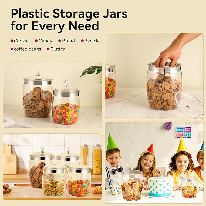 4 Pcs Plastic Cookie Jars with Lid, 128/128/74/74OZ Clear Candy Airtight Sealed Kitchen Pantry Food Large Storage Apothecary Containers & Canisters for Coffee Cereal Pasta Flour Rice Snack