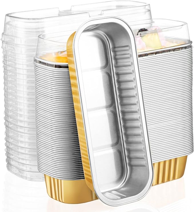 EUSOAR Baking Cups with Lids, 100pcs 6.8oz 6.5"x2.5"x1.2" Gold Aluminum Foil Ramekins Baking Cups Mini Loaf Pans with Lids Disposable，Cupcake Containers Cheesecake Creme Brulee Ramekins Pan