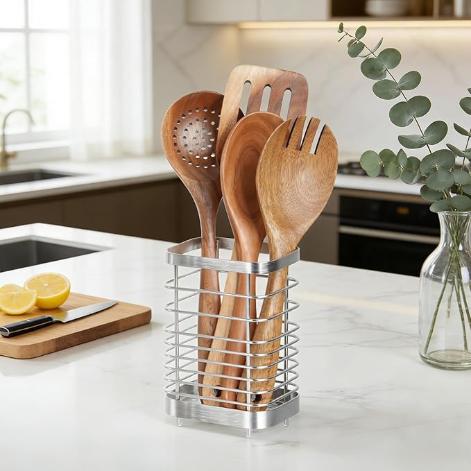 Utensil Holder, Stainless Steel Utensil Drying Rack for Kitchen Counter, Silverware Cutlery Flatware Holder Forks, Knives, Spoons, Chopsticks Organizer (Silver)