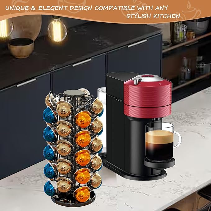BLACKSMITH FAMILY Coffee Pods Holder Organizer, 360 Degrees Revolving Pod Carousel Compatible for 40 Nespresso Vertuo Pods No Assembly Required Nespresso Pods Holder Tower Stand,Piano Black