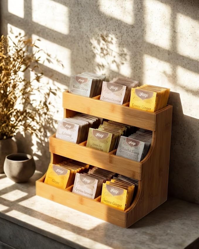 Theodore Tea Bag Organizer – Wooden Tea Organizer and Storage for Home, Kitchen, Office – 180 Tea Bag Holder - Vertical Display Tea Box. Also for Coffee Pods, Sugar, Sweeteners and Creamers.