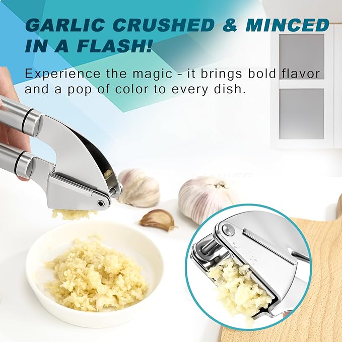 KULUNER Professional Garlic Press,Practical Garlic Peeler That Requires No Peeling,Minced Garlic Machine Crushes Garlic Into Fine Paste,Made of 304 Stainless Steel,Rust-Resistant and Easy to Clean