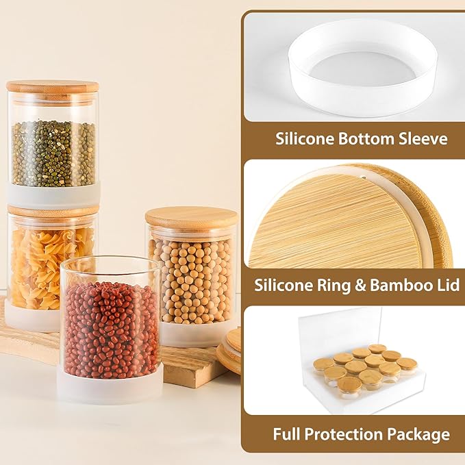 TBWIND 17oz Round Glass Storage Containers with Bamboo Lids – 12 Pack Small Airtight Clear Spice Jars for Pantry Organization, Kitchen Dry Food, Flour, Spice, Coffee Beans, Staples & Snacks
