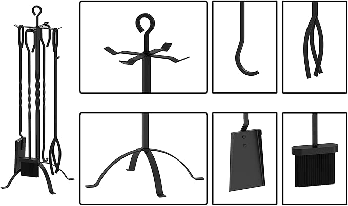 Fire Beauty 5 Pieces Fireplace Tools Sets Fireplace Accessories Tools Holder with Handles Tools for Indoor Fireplace Decor Outdoor Fire Pit Modern Tool(Sanded Black)