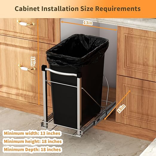 Adjustable Under Cabinet Trash Can Organizer with Soft Close Rail - Heavy Duty Silver Steel Under Sink Pull-Out Organizer, Fits 7-13 Gallon, Up to 125 lbs Capacity (Trash Can Not Included)