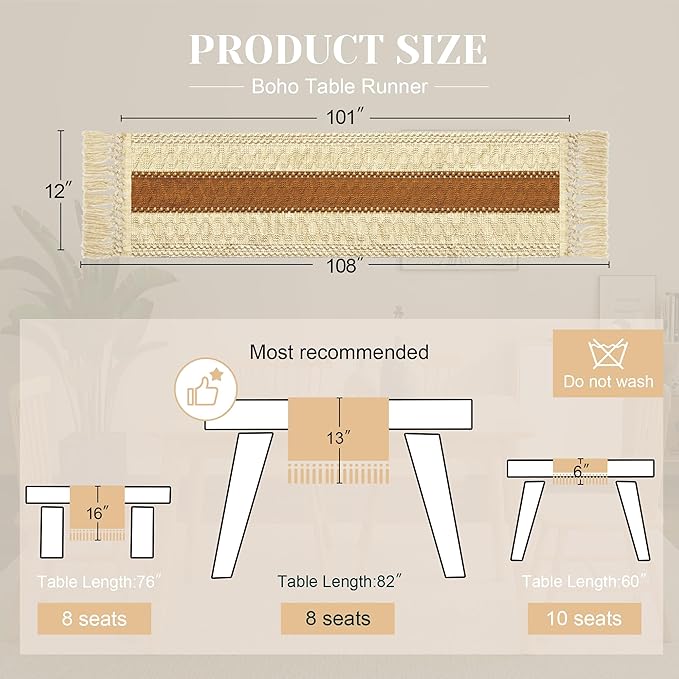 FEXIA Boho Table Runner for Home Decor with Tassels 108 Inches Long,Caramel Farmhouse Rustic Table Runner Macrame Burlap Table Decoration for Living Room Bridal Shower(12x108 Inches)
