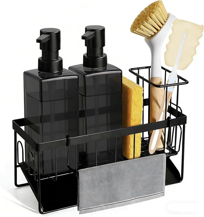 GMISUN Dish Soap Dispenser for Kitchen, 12 fl oz / 350 ml Dual Kitchen Soap Dispensers with Sponge Holder, Transparent Black Glass Kitchen Soap Dispenser Set, Modern Hand and Dish Soap Bottle Set