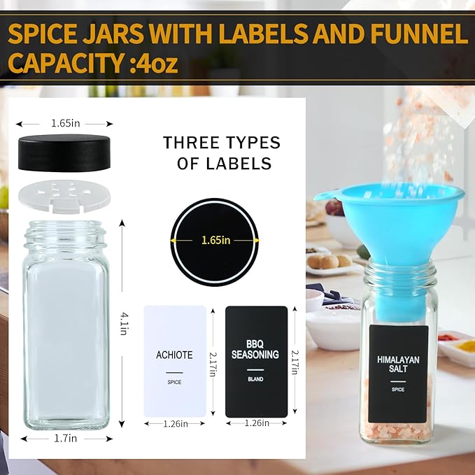 48 Glass Spice Jars with Labels, Spice Jar Set, 4oz Spice Containers, Seasoning Containers with Black Airtight Lids and Shaker Lids, Square Empty Spice Bottles, 492 Labels, 1 Funnel