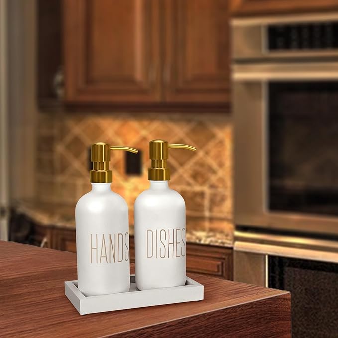 Soap Dispenser Set, Contains Hand Soap Dispenser and Dish Soap Dispenser for Kitchen， Glass Soap Dispenser with Stainless Steel Pump，for Luxury Gold Kitchen Counter Decor，（White）