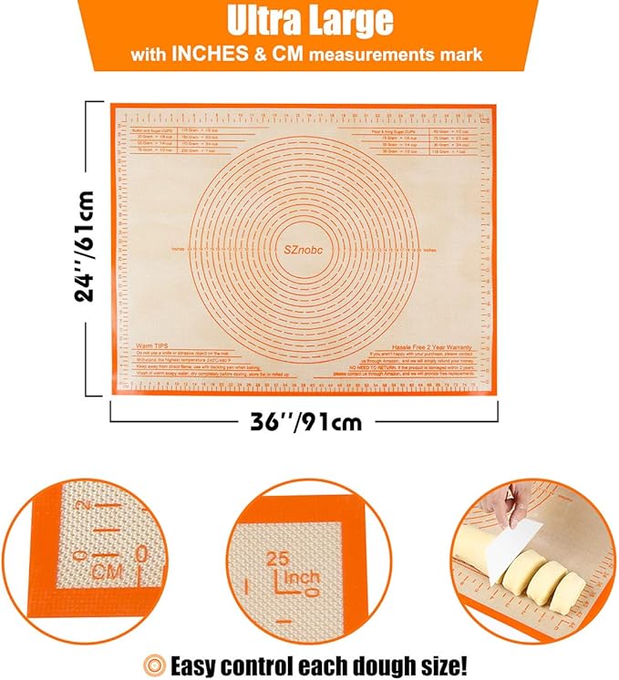 Silicone Pastry Mat 36'' By 24'' Extra Large Baking Mat with Measurements for Dough Rolling, Kneading Board, Kitchen Counter Mats for Dough, Pastry, Fondant, Pie Crust, Cookies, Bread, Pasta, Pizza