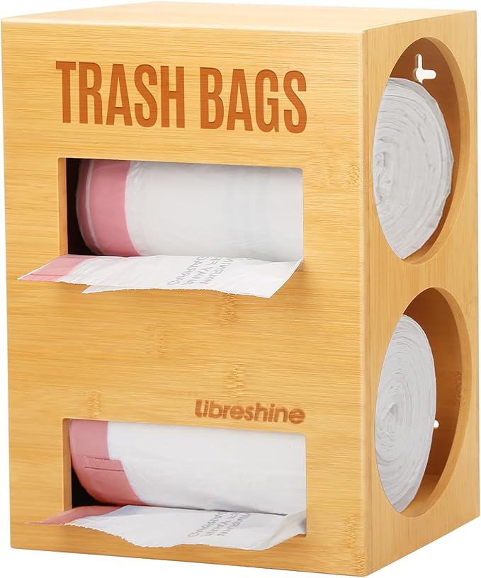 Extra Large Bamboo 2-in-1 Trash Bag Dispenser & Roll Holder – Fits Costco Kirkland & Members Mark Jumbo Rolls, Wall/Under-Sink/Cabinet Mountable, Dual-Slot Storage for 2 Rolls