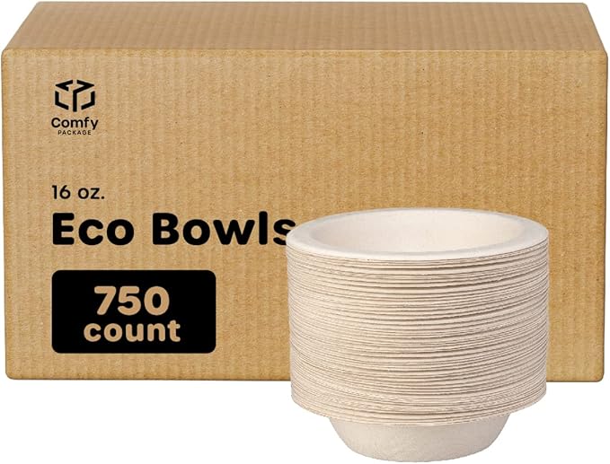 GUSTO [Case of 750 16 oz Heavy-Duty 100% Compostable Kraft Paper Soup Bowls – Eco-Friendly Disposable Sugarcane (Formerly Comfy Package)