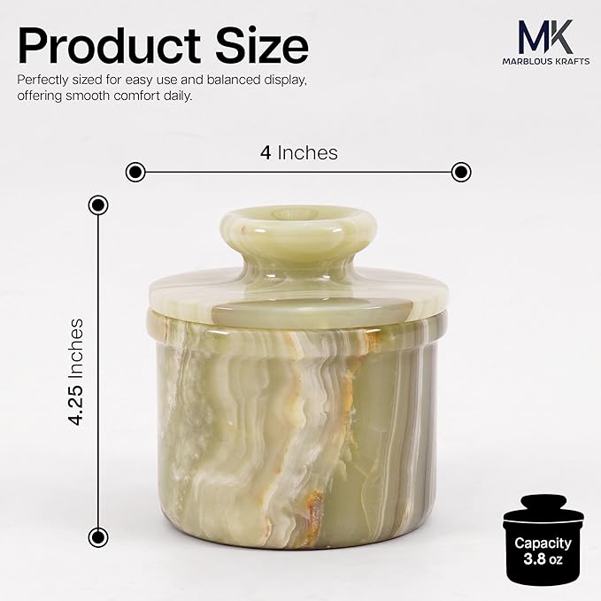 Green Onyx Butter Keeper with Lid 4.25 Inch Handmade French Butter Dish for Soft Butter Storage, Countertop Kitchen Gift, Onyx Butter Bell, Water Sealed Butter Crock, Mothers Day Gift for Mom