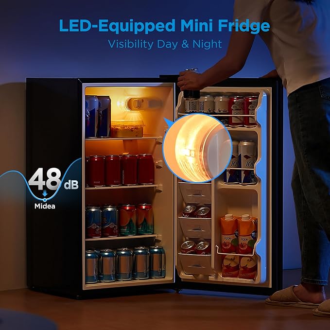 Midea MERM33S1ABB Mini Fridge, 3.3 Cu.ft Compact Fridge with Internal Light, Adjustable Thermostat, Reversible Door, Low Noise for Dorm, Office, Bedroom Black