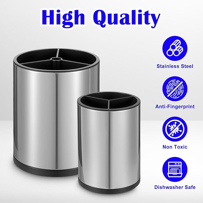 2 Pcs Kitchen Utensil Holder Set, 360° Rotating Stainless Steel Large Cooking Utensil Holder for Kitchen Counter with Removable Base, 3 Compartment Flatware Caddy for Knife Spoon Fork Spatula Tools