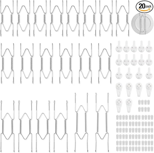 Bilillo 20 pcs Plate Hangers for The Wall, 4/6/8/10 Inch Invisible Decorative Wall Plates Hangers, Stainless Steel Plate Wall Holders for Display Various Sizes with Hooks for Decorative Silver