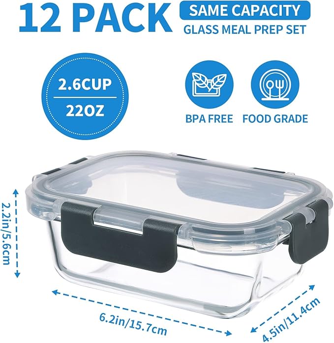 GULFLIN 12 Pack 22oz Glass Meal Prep Containers, Food Storage Containers with Lids, Air-Tight, Leak-Resistant, Freezer to Microwave Safe - Grey Set