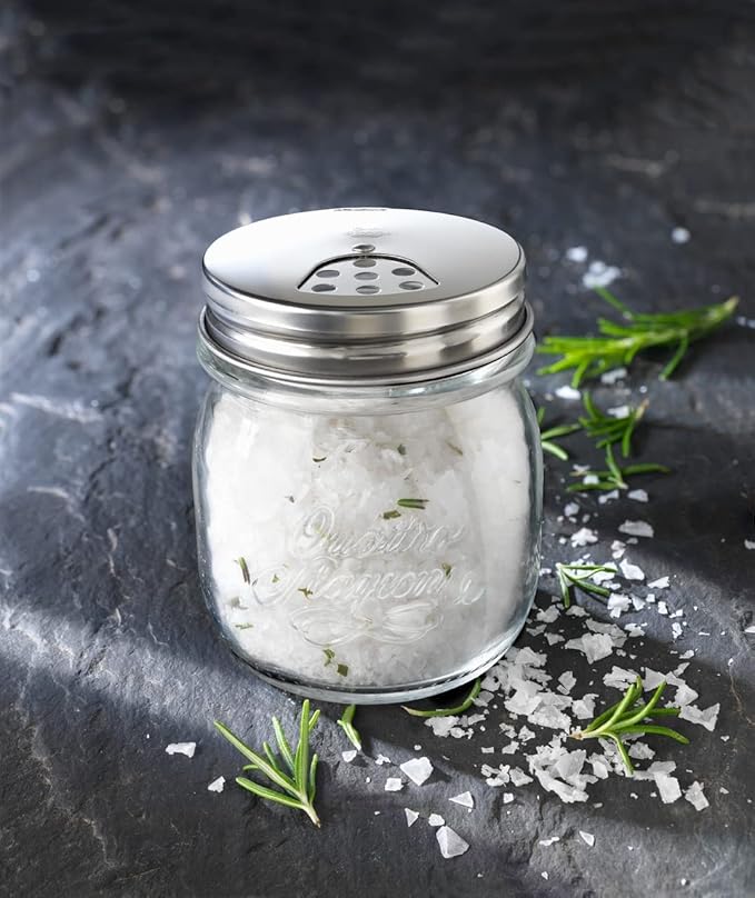 Bormioli Rocco Quattro Stagioni Spice Jar Set - 8.5 Oz, Durable Glass Mason Jars with Multi-Function Rotatable Lids, Stainless Steel Tops for Salt & Pepper - Made in Italy, Glass Spice Jars