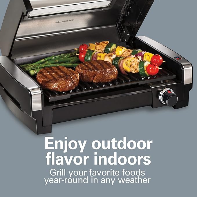 Hamilton Beach Electric Indoor Searing Grill, 6-Serving, Extra-Large Drip Tray, Stainless Steel (25361) & Digital Programmable Rice Cooker & Food Steamer, 8 Cups Cooked (4 Uncooked), Stainless Steel