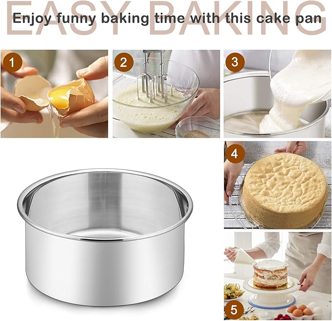 P&P CHEF 6 Inch Cake Pans Set, Round Baking Pan Stainless Steel Layer Birthday Wedding Cake Oven Pans, Non Toxic & Heavy Duty, Deep Side & Mirror Finish, Dishwasher Safe, (4Pcs)
