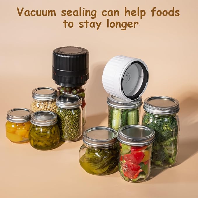 HTPOW Electric Mason Jar Vacuum Sealer - Fully Automatic Mason Jar Vacuum Sealer Kit for All Mason Jars with Regular Lids and Wide Mouth Lids, A Must-Have Tool for Canned Foods/Pantry - White