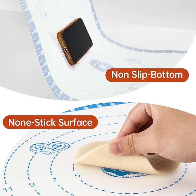 Non Stick Silicone Pastry Mat for Dough Rolling,Silicone Baking Mat with Measurement for Baking Pie Crust, Pizza & Cookies, Baking Sheet With 10 Recipes 480°F Oven Safe
