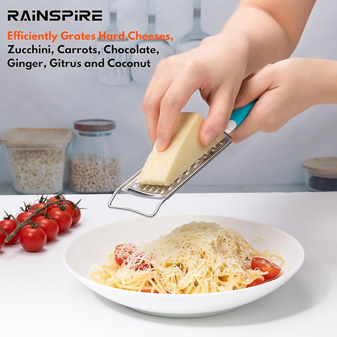 Rainspire Professional Cheese Graters for Kitchen Stainless Steel Handheld, Metal Lemon Zester Grater With Handle For Cheese, Chocolate, Spices, Kitchen Gadgets Tools, Soft Grip Handle (Blue)
