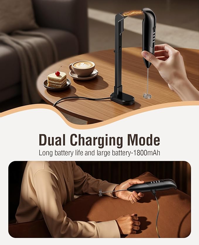 Dynooper Electric Milk Frother Handheld: coffee frother rechargeable 3 in 1 - LED Display, Wireless Charging - 3 Speeds, Stainless Steel Whisk for Latte, Cappuccino - Bright Grey
