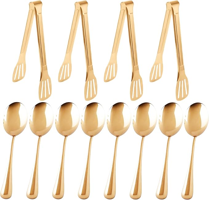 12PCS Stainless Steel Serving Utensils Sets,8 Large Serving Spoons,4 Serving Tongs,Gold Serving Utensills Sets for Buffet Catering Banquet Party (Gold)