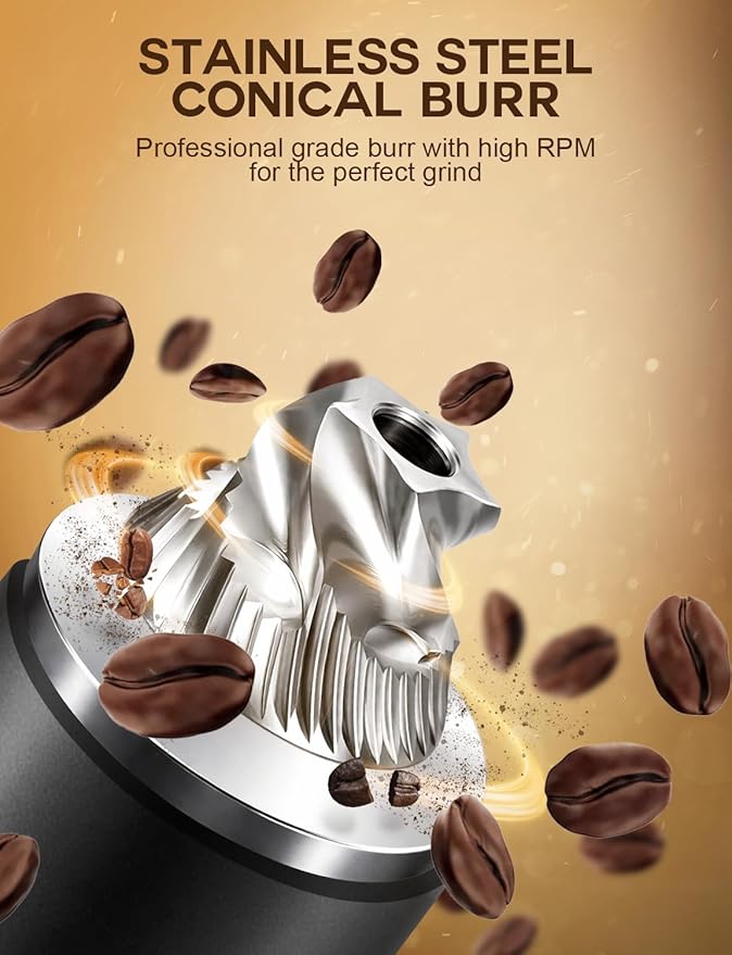 Burr Coffee Grinder – Portable Coffee Bean Grinder with 60 Grind Settings, LCD Timer, 51 & 58mm Portafilter Compatible - Rechargeable Electric Espresso Grinders for Home, Office & Travel