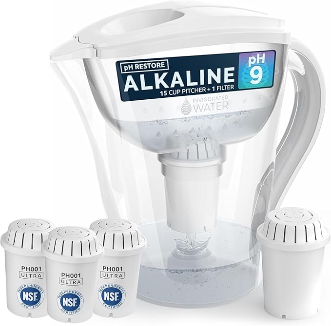 Invigorated Water NSF Alkaline Water Filtration Bundle – High pH Filter Pitcher + 3 PH001 Ultra Replacement Filter – BPA-Free, Multi-Stage Filtration, Long-Lasting, Sustainable Hydration Solution