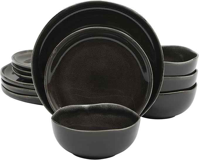 Gibson Elite Nardini 12 Piece (Service for 4) Plates and Bowls Reactive Glaze Dishes Stoneware Ceramic Dinnerware Set - Black