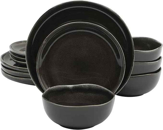 Gibson Elite Nardini 12 Piece (Service for 4) Plates and Bowls Reactive Glaze Dishes Stoneware Ceramic Dinnerware Set - Black