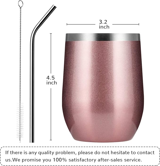 MEWAY Stemless 12 OZ Wine Tumbler Glasses with Lid -Insulated Double Wall Vacuum Stainless Steel Travel Tumbler with Straw,for Woman Under 10 dollars (Rose gold,1)