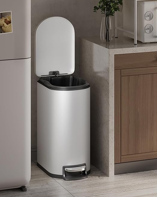 GarveeHome 13 Gal / 50 L Stainless Steel Kitchen Trash Can with Lid, Slim Step-On Garbage Bin, Large Rustproof Metal Trash Can with Soft Close, Inner Bucket & Rear Handle, Creamy White