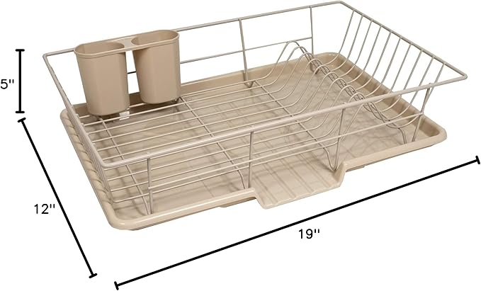 Sweet Home Collection Metal, Plasic 3 Piece Dish Drainer Rack Set with Drying Board and Utensil Holder, 17" x 12" x 5", Beige