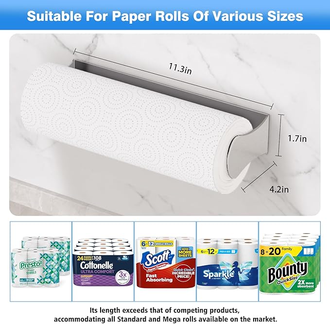 Paper Towel Holder Under Cabinet, Stainless Steel, Silver, Adhesive & Wall Mount, Under Counter Paper Towel Rack for Kitchen and Bathroom, Home and Kitchen Decor