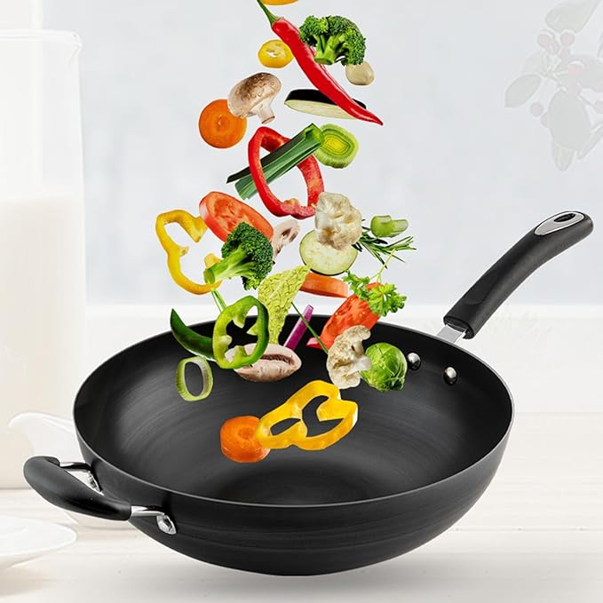 Wok Pan with Lid Nonstick Wok 34cm, Carbon Steel Woks Stir-Fry Pans, No Chemical Coated Flat Bottom Chinese Wok, for Electric, Induction and Gas Stoves