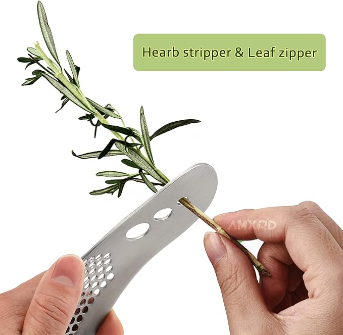 Garlic Press Rocker & Silicone Peeler, Stainless Steel Garlic Mincer, Herb Stripper & Leaf Zipper
