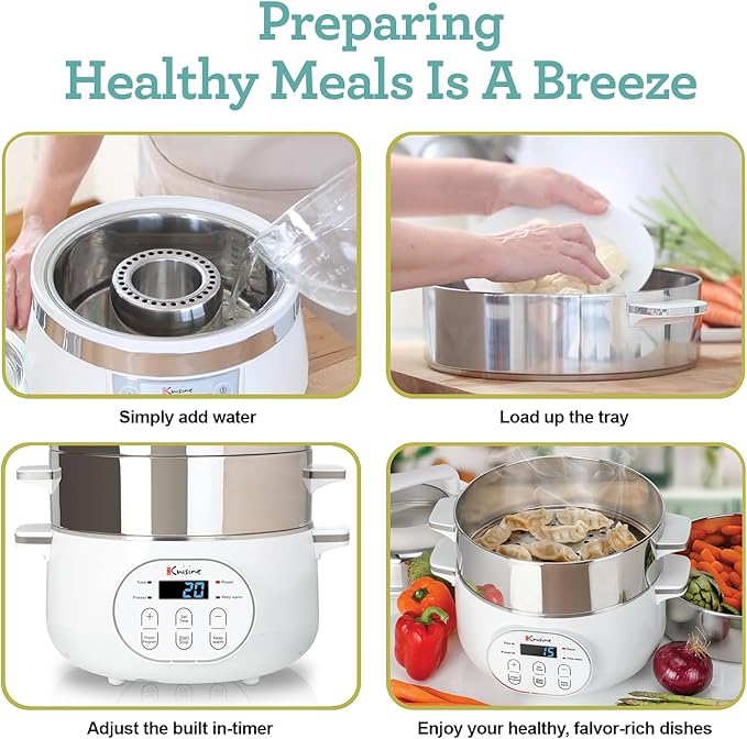 Euro Cuisine FS2500 Electric Food Steamer, Versatile Vegetable Steamer & Steam Cooker Ideal for Fish, Veggie, Meat, Stainless Steel 1200 Watts