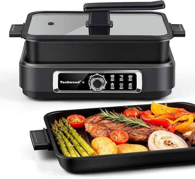Slow Cooker, Techwood 1500W Electric Skillet 7.5-Quart Extra-large Capacity Multi-Cooker with 5-Level Heat Settings, Come with Non-stick Skillet Pan & Cooking Pot, Dishwasher Safe, Black