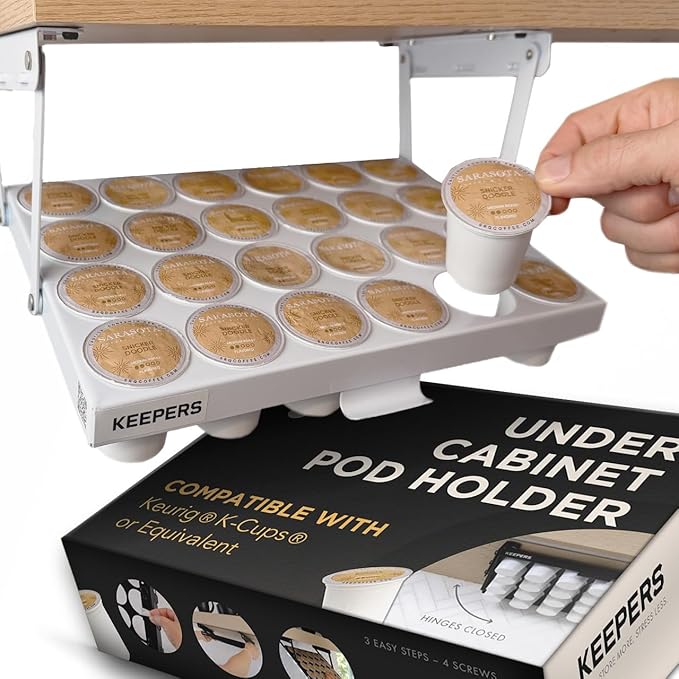 COFFEEKEEPERS KEEPERS Under Cabinet K Cup Holder with Swing-Down Access – Space-Saving Coffee Pod Holder and K Cup Organizer for 24 Pods – Steel Coffee Pod Organizer with Easy DIY Installation