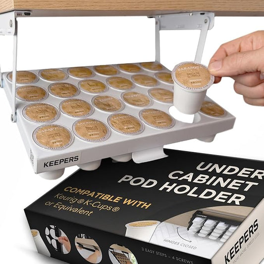 COFFEEKEEPERS KEEPERS Under Cabinet K Cup Holder with Swing-Down Access – Space-Saving Coffee Pod Holder and K Cup Organizer for 24 Pods – Steel Coffee Pod Organizer with Easy DIY Installation