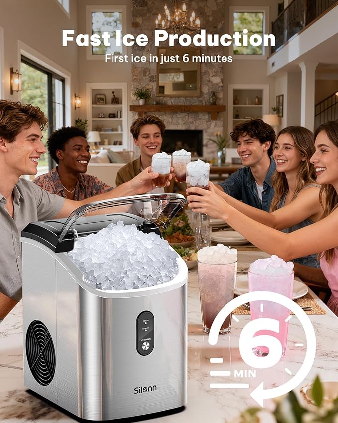 Nugget Ice Maker Countertop, Silonn Chewable Pellet Ice Machine with Self-Cleanin Function, 33lbs/24H Portable Ice Makers for Home Kitchen Officce, Stainless Steel