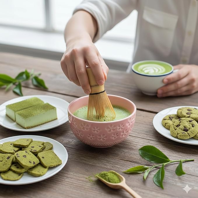 Pink Matcha Set - 5 Pcs Matcha Tea Set Includes Matcha Bowl with Spout, Bamboo Scoop, Sifter, Whisk and Holder, Matcha Whisk Set Pink Christmas Birthday Gift