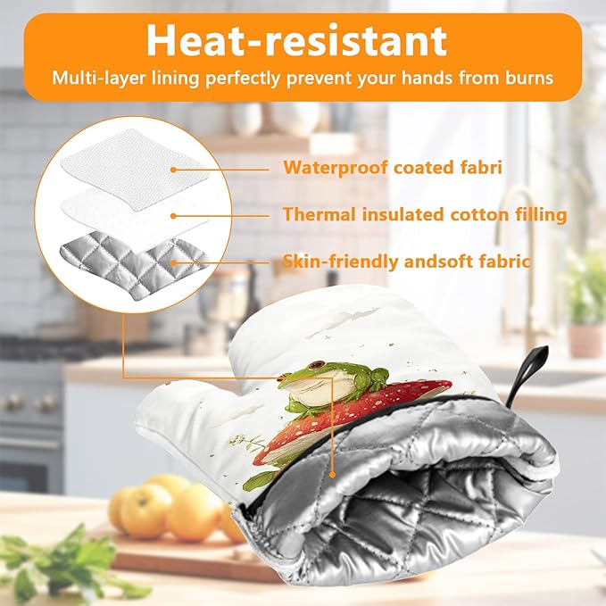 Frog Mushroom Oven Mitts and Pot Holders Sets 4Pcs Silicone Non-Slip Mitts Heat Resistant Gloves Hot Pads for Kitchen Cooking Baking Grilling BBQ