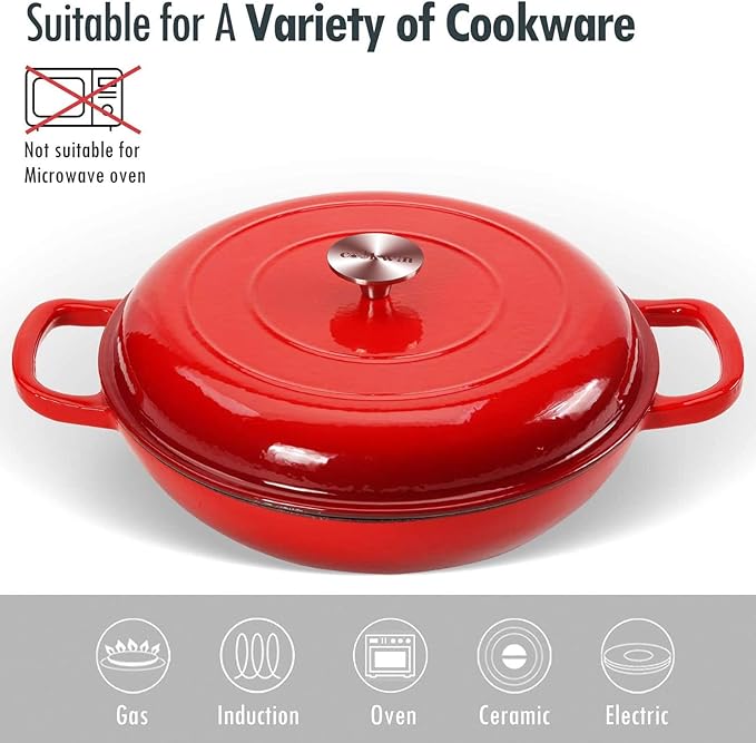 COOKWIN Cast Iron Casserole Braiser, 3.8 Quart Enameled Cast Iron Dutch Oven Pan with Lid, Heavy Duty and Dual Handles Skillet, Oven-Safe Porcelain Surface Casserole Dish, Red