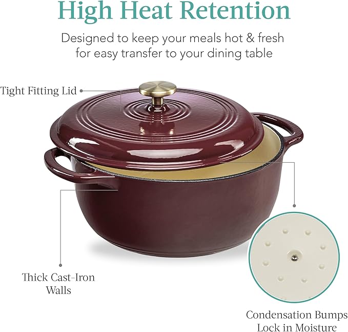 Best Choice Products 7.5 Quart Enamel Cast-Iron Round Dutch Oven, Family Style Heavy-Duty Pre-Seasoned Cookware for Home, Kitchen, Dining Room, Oven Safe w/Lid, Dual Handles - Cabernet Red