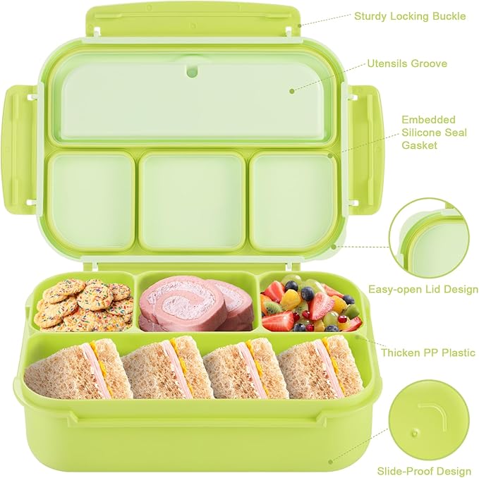 shell and turtle Bento Box Adult Lunch Box, Lunch Containers for Kids Girls Boys with 4 Compartments, Lunchable Food Container with Utensils, Sauce Jar, Muffin Liners, 40 Oz/5 Cup, Bright Green